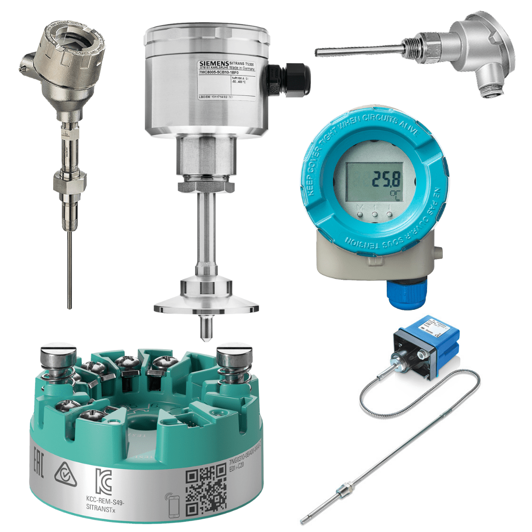 An image of various temperature measurement devices from Siemens Process Instrumentation, Bourdon, Bourdon Baumer, and Status Instruments.